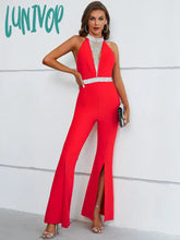 Lunivop Women Summer Sexy Backless Tassel Crystal Diamonds Red Bodycon Bandage Jumpsuit High Street